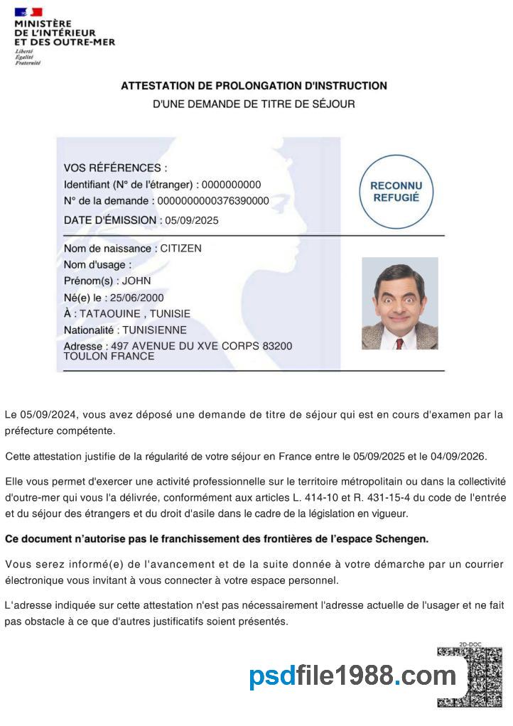 France Certificate of Extension of Instruction